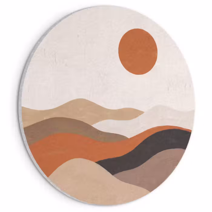 Akoestisch schilderij rond - Landschap - Heuvels - Zon - Abstract - Oranje
