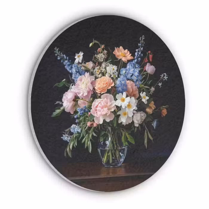 Akoestisch schilderij rond - Pastel - Bloemen - Glazen - Vaas