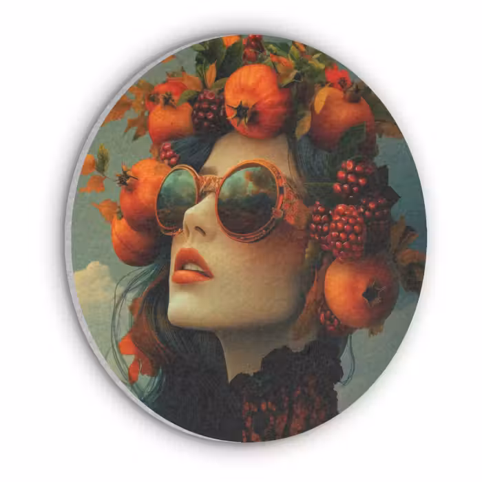 Akoestisch schilderij rond - Vrouw - Granaatappel - Herfst - Zonnebril