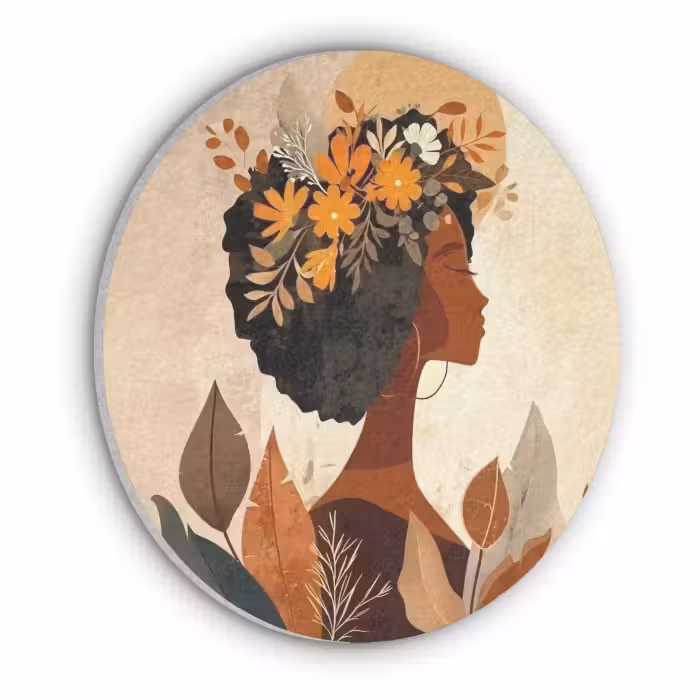 Akoestisch schilderij rond - Vrouw - Krullen - Bloemen - Beige