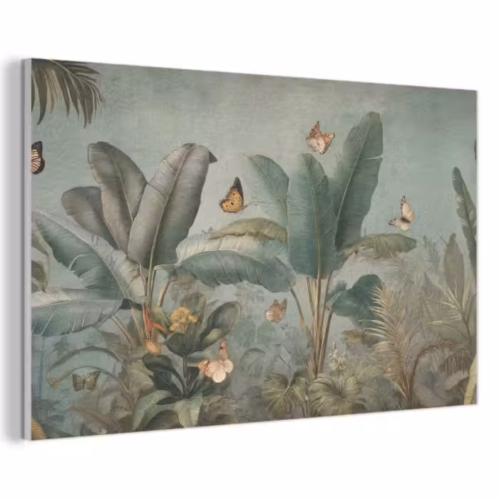 Akoestisch schilderij - Tropisch bladerdek - Vlinders - groen - Bruin
