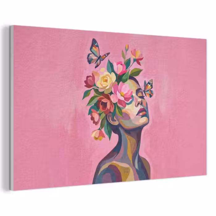 Akoestisch schilderij - Vrouwengezicht - Vlinders - Kleurrijk