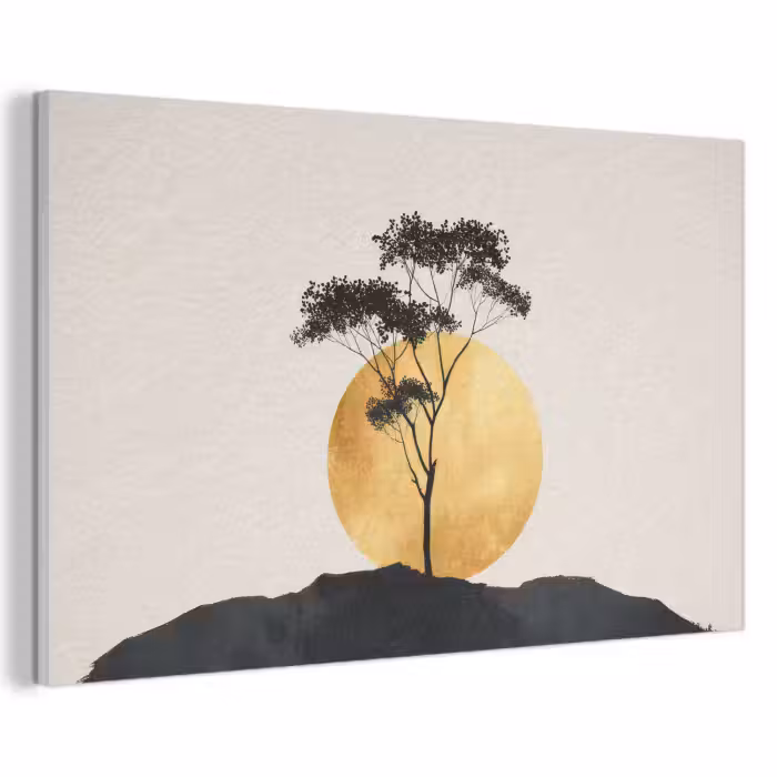 Akoestisch schilderij - Zwarte boom - Gouden cirkel - Heuvel