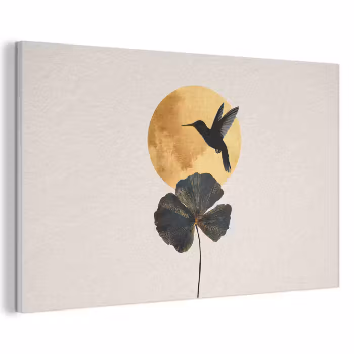Akoestisch schilderij - Zwarte kolibrie - Bloem - Gouden cirkel