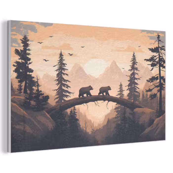 Akoestisch schilderij - Beren - Bomen - Landschap - Zonsondergang