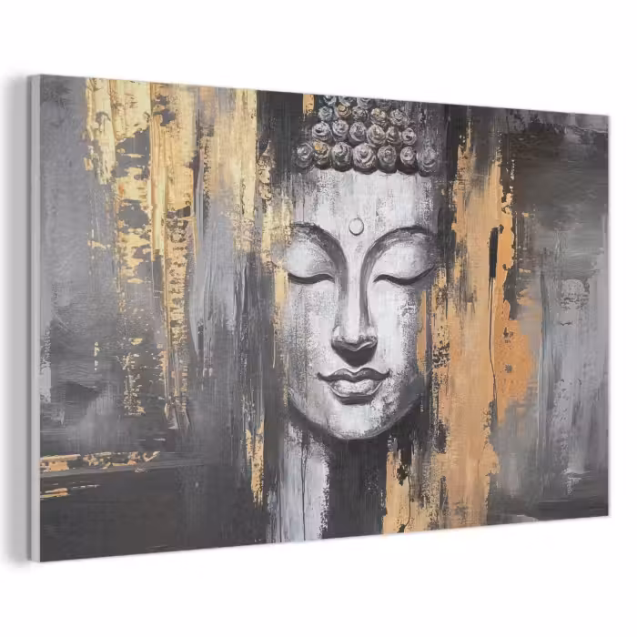 Akoestisch schilderij - Boedhha - Penseelstreken - Goud - Abstract
