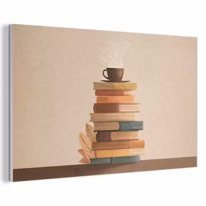 Akoestisch schilderij - Boeken - Toren - Koffie - Beige