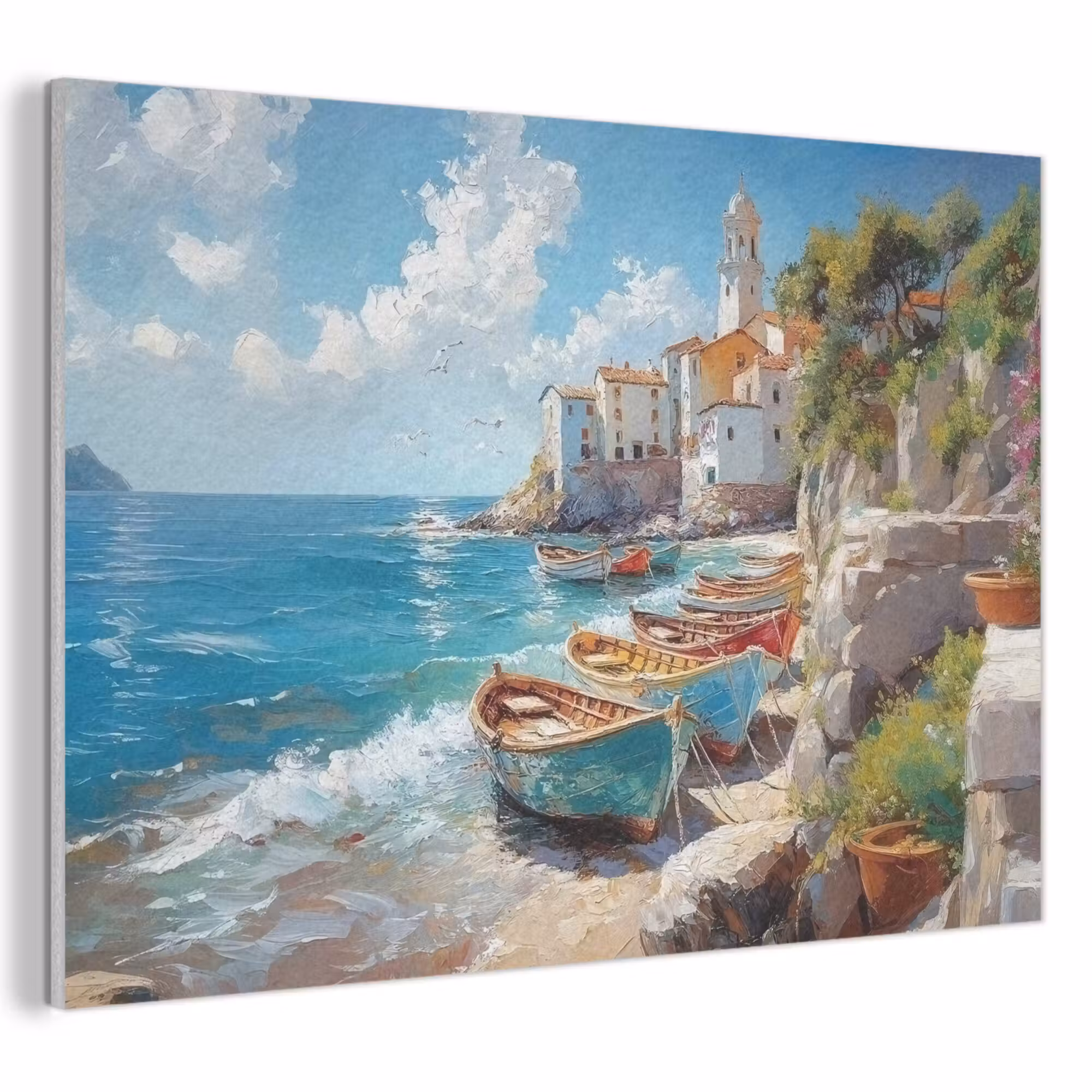 Akoestisch schilderij - Boten - Rotsen - Zee - Zon