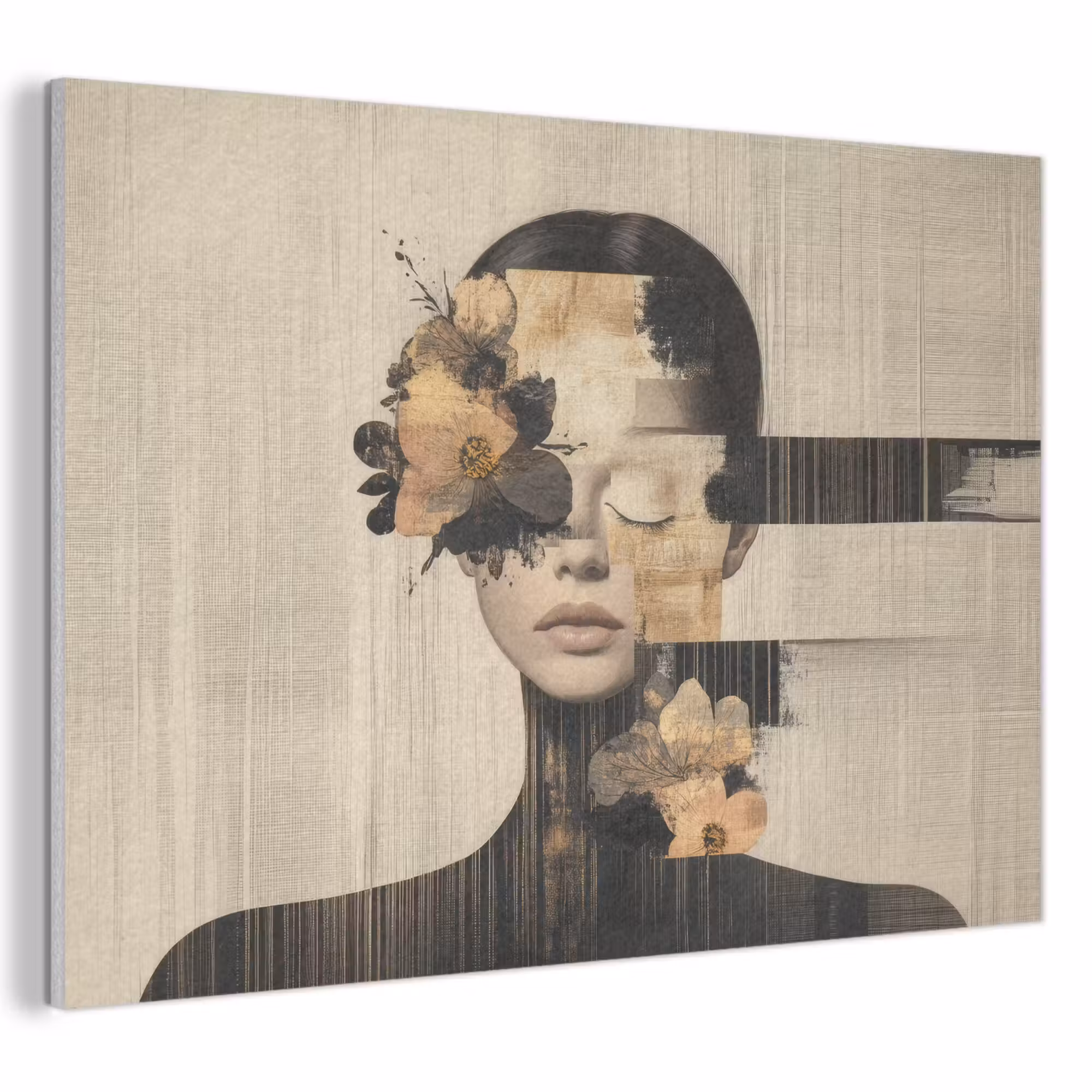 Akoestisch schilderij - Gezicht - Bloemen - Zwart - Vrouw