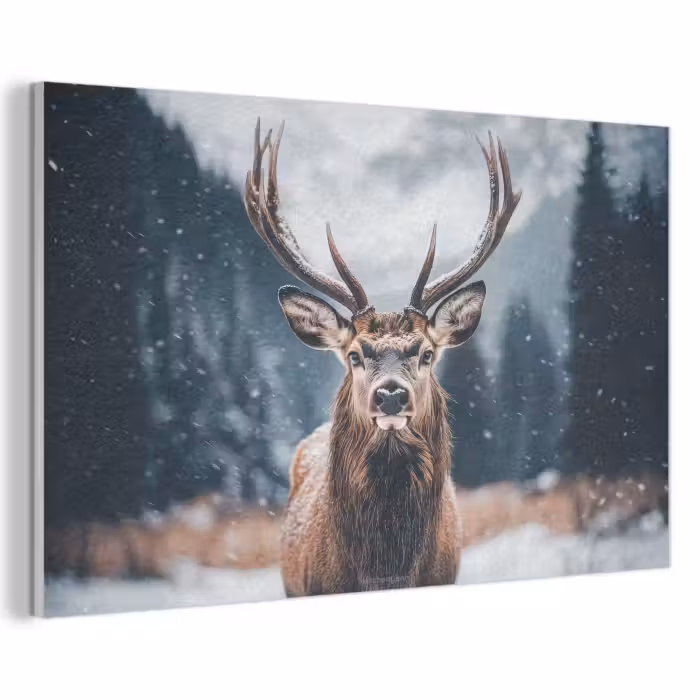 Akoestisch schilderij - Hert - Winter - Hertenkop - Sneeuw - Gewei