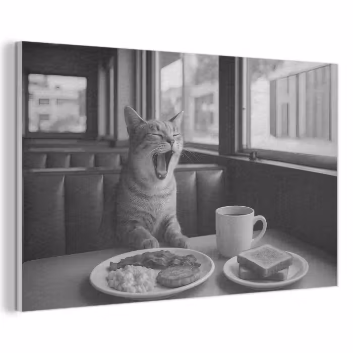 Akoestisch schilderij - Kat - Koffie - Brood - Zwart