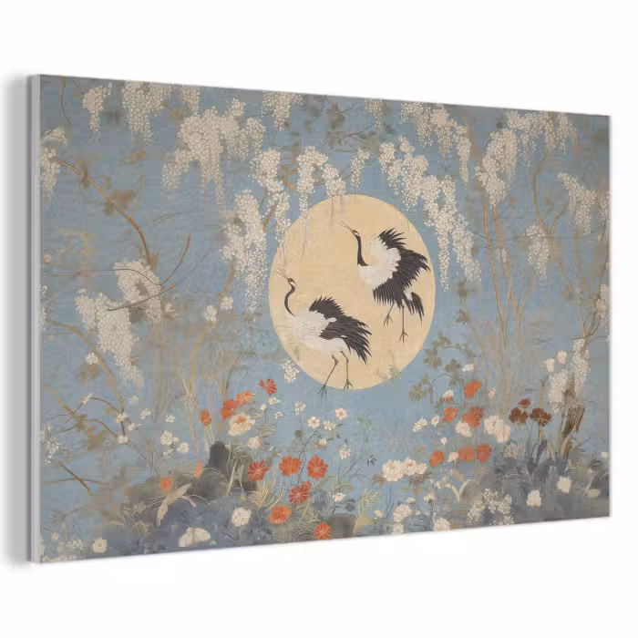 Akoestisch schilderij - Kraanvogels - Maan - Bloemen - Blauw