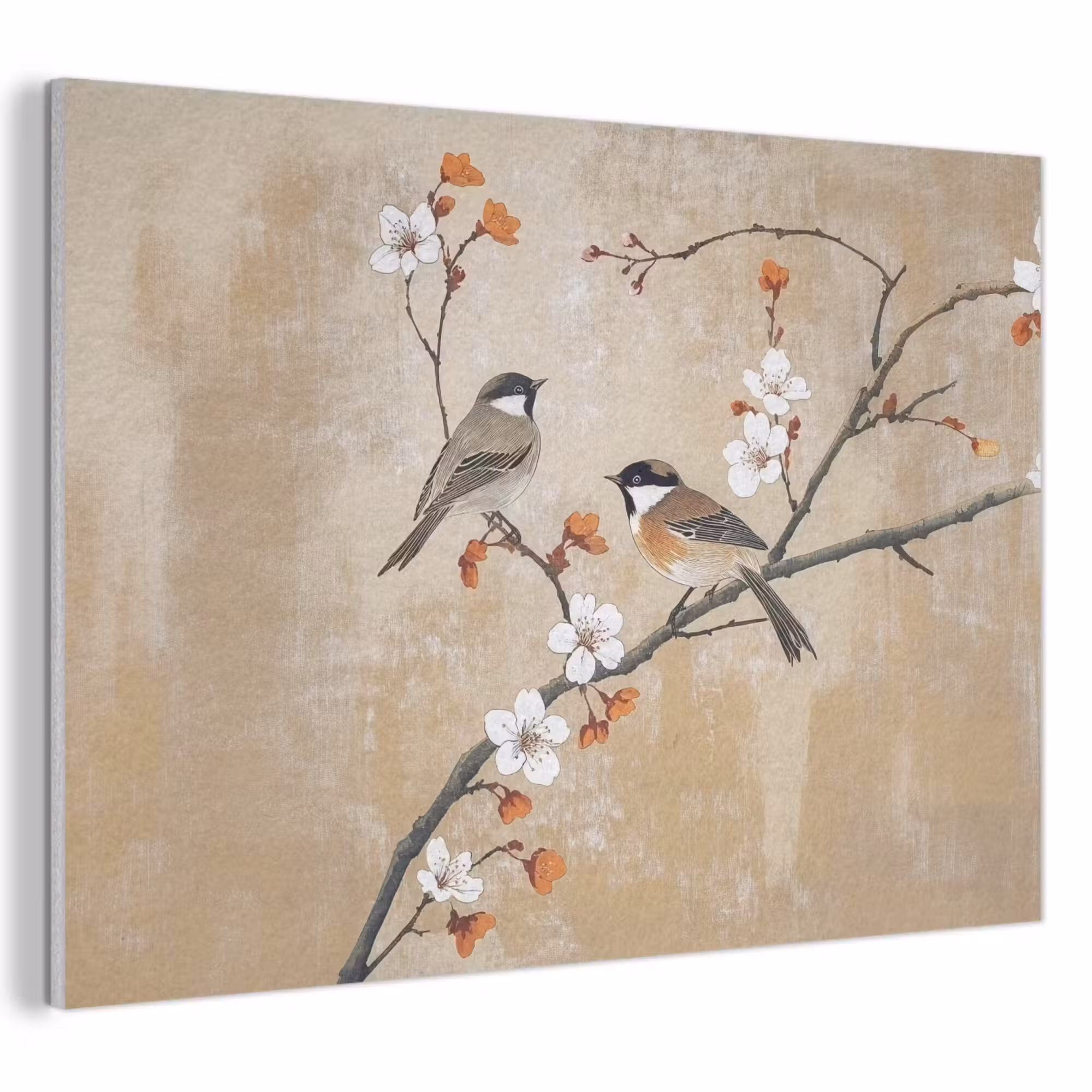 Akoestisch schilderij - Vogels - Bloesemtak - Bloemen - Oranje