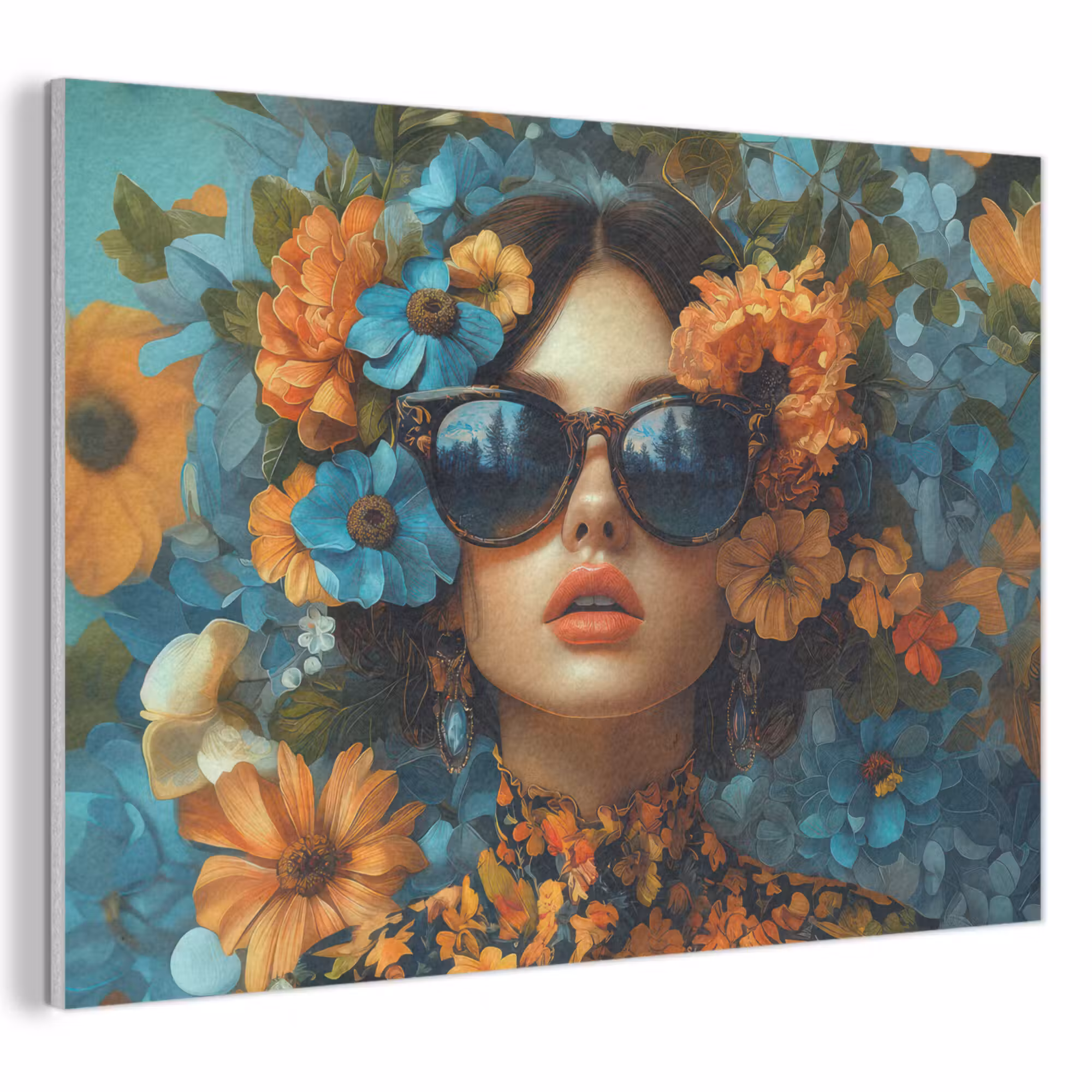 Akoestisch schilderij - Vrouw - Bloemen - Oranje - Blauw - Modern