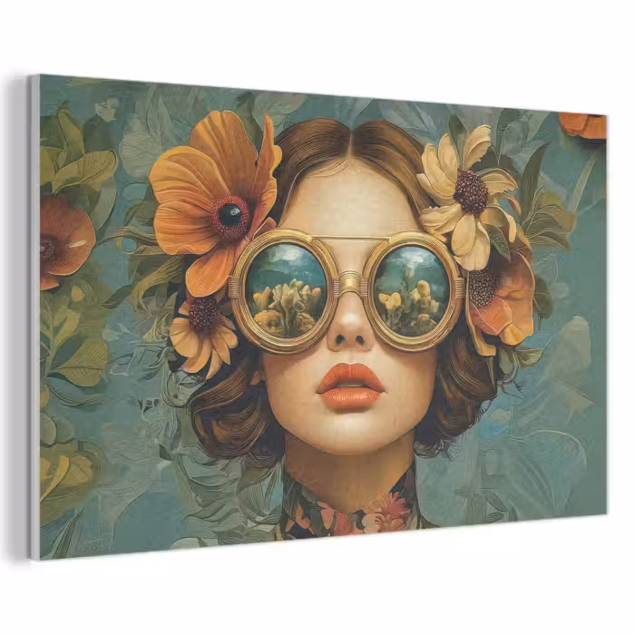 Akoestisch schilderij - Vrouw - Bloemen - Vlinders - Natuur - Vintage