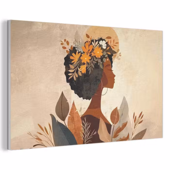 Akoestisch schilderij - Vrouw - Krullen - Bloemen - Beige