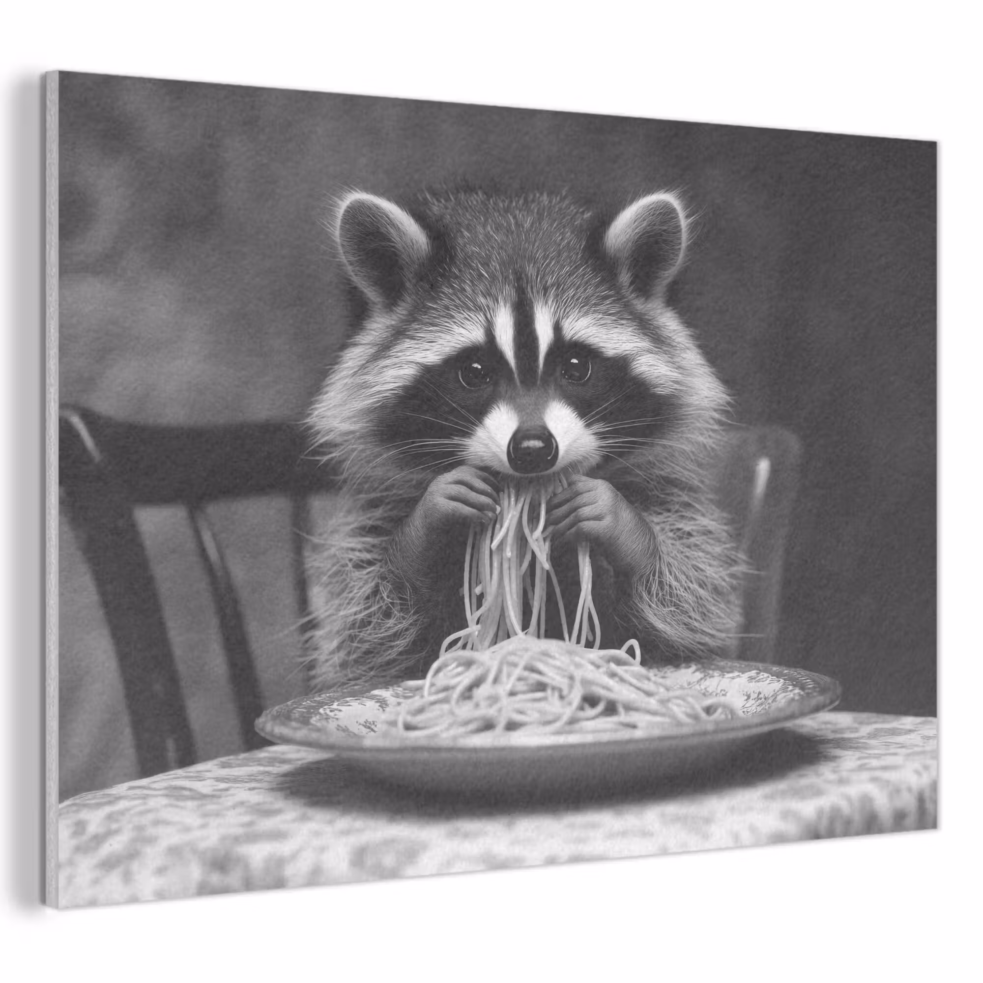 Akoestisch schilderij - Wasbeer - Cute - Pasta - Tafelkleed - Zwart - Wit