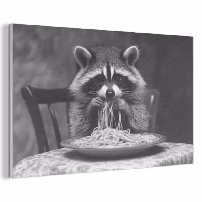 Akoestisch schilderij - Wasbeer - Cute - Pasta - Tafelkleed - Zwart - Wit
