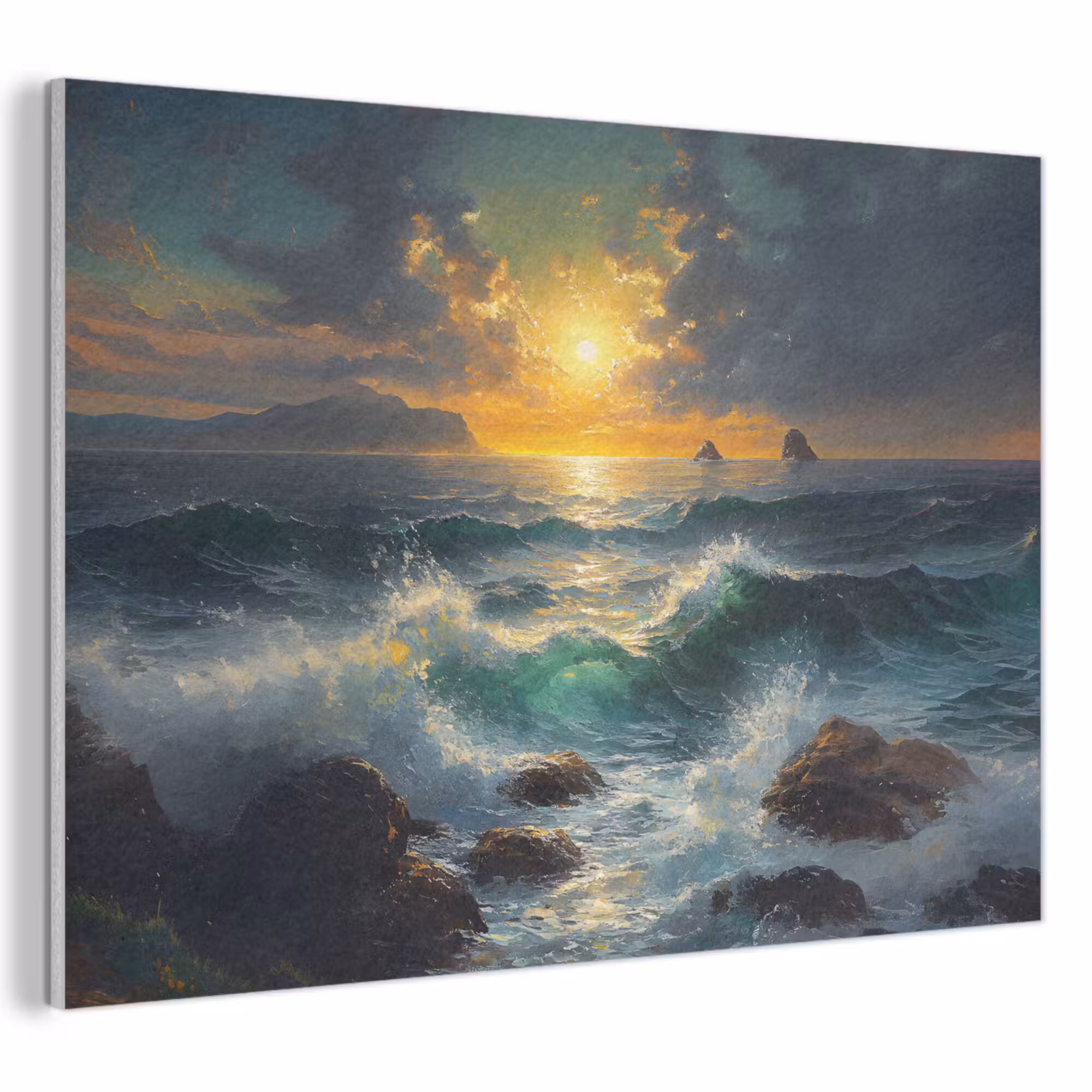 Akoestisch schilderij - Zee - Zon - Golven - Rotsen