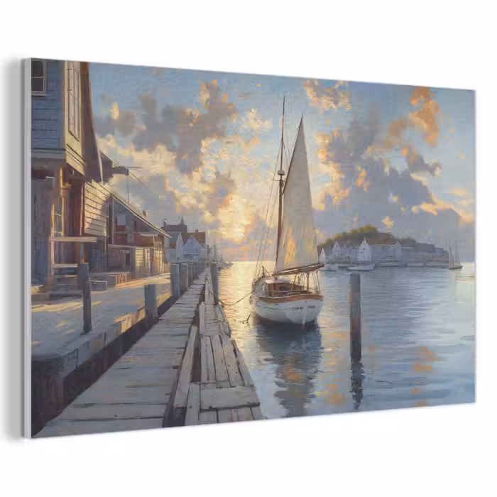 Akoestisch schilderij - Zeilboot - Zon - Pier - Hout