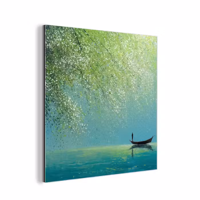 Aluminium schilderij - Bootje - Water - Bladeren - Bloesems