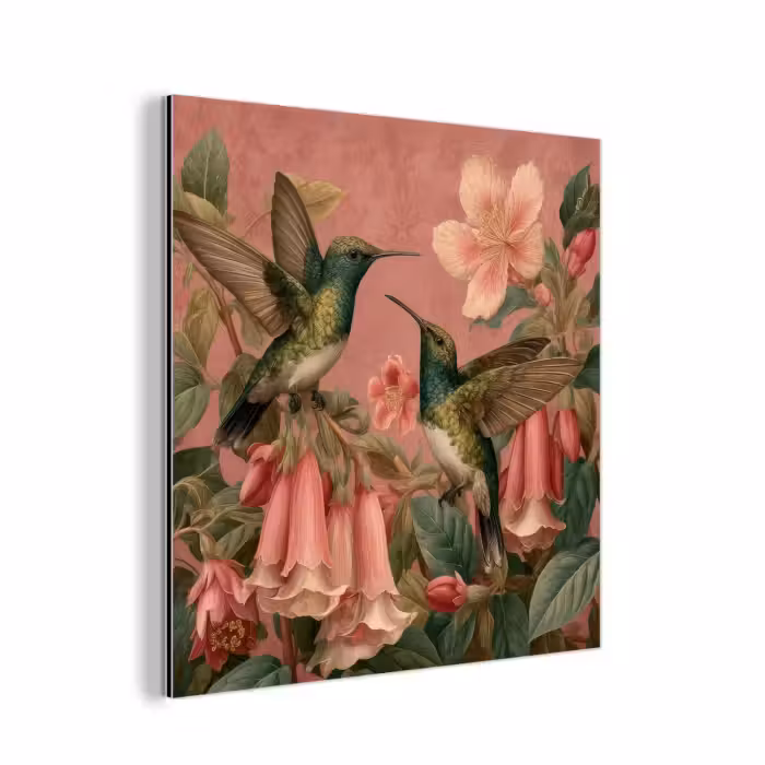 Aluminium schilderij - Kolibries - Bloemen - Groen - Roze