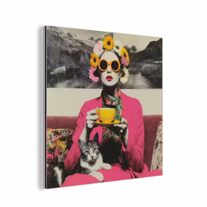 Aluminium schilderij - Vrouw - Kat - Bloemen - Kopje - Retro