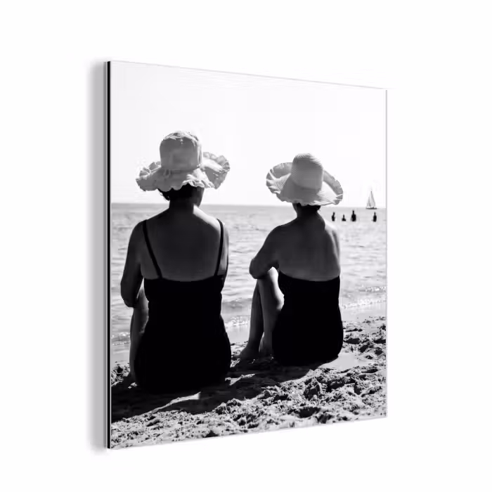 Aluminium schilderij - Vrouwen - Zonnehoed - Strand - Zwart - Wit