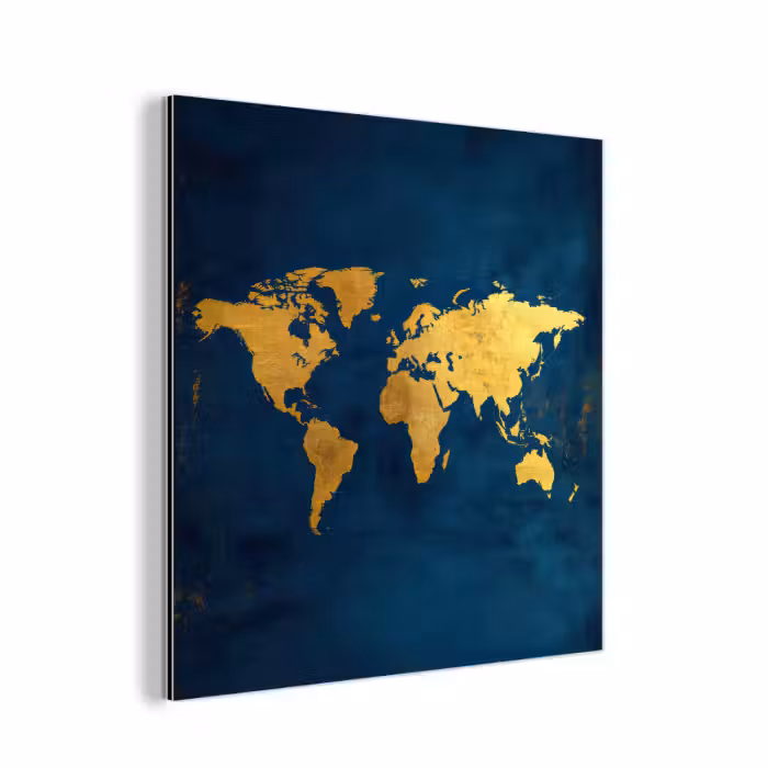 Aluminium schilderij - Wereldkaart - Goud - Donkerblauw