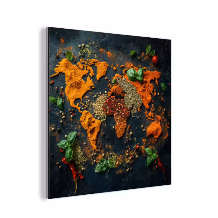 Aluminium schilderij - Wereldkaart - Kruiden - Levendige kleuren