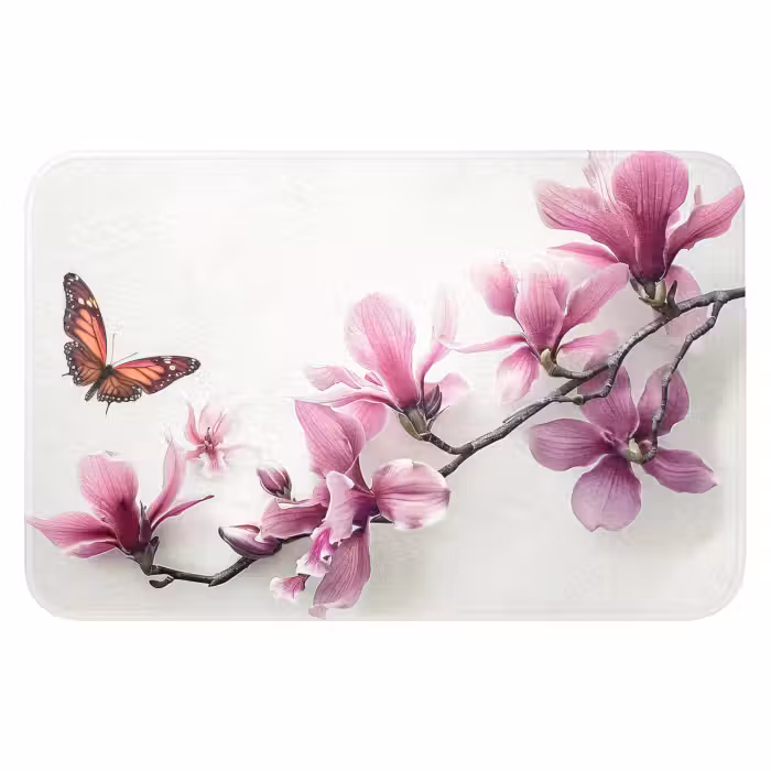 Badmat - Bloesem - Vlinder - Roze - Natuur - Wit