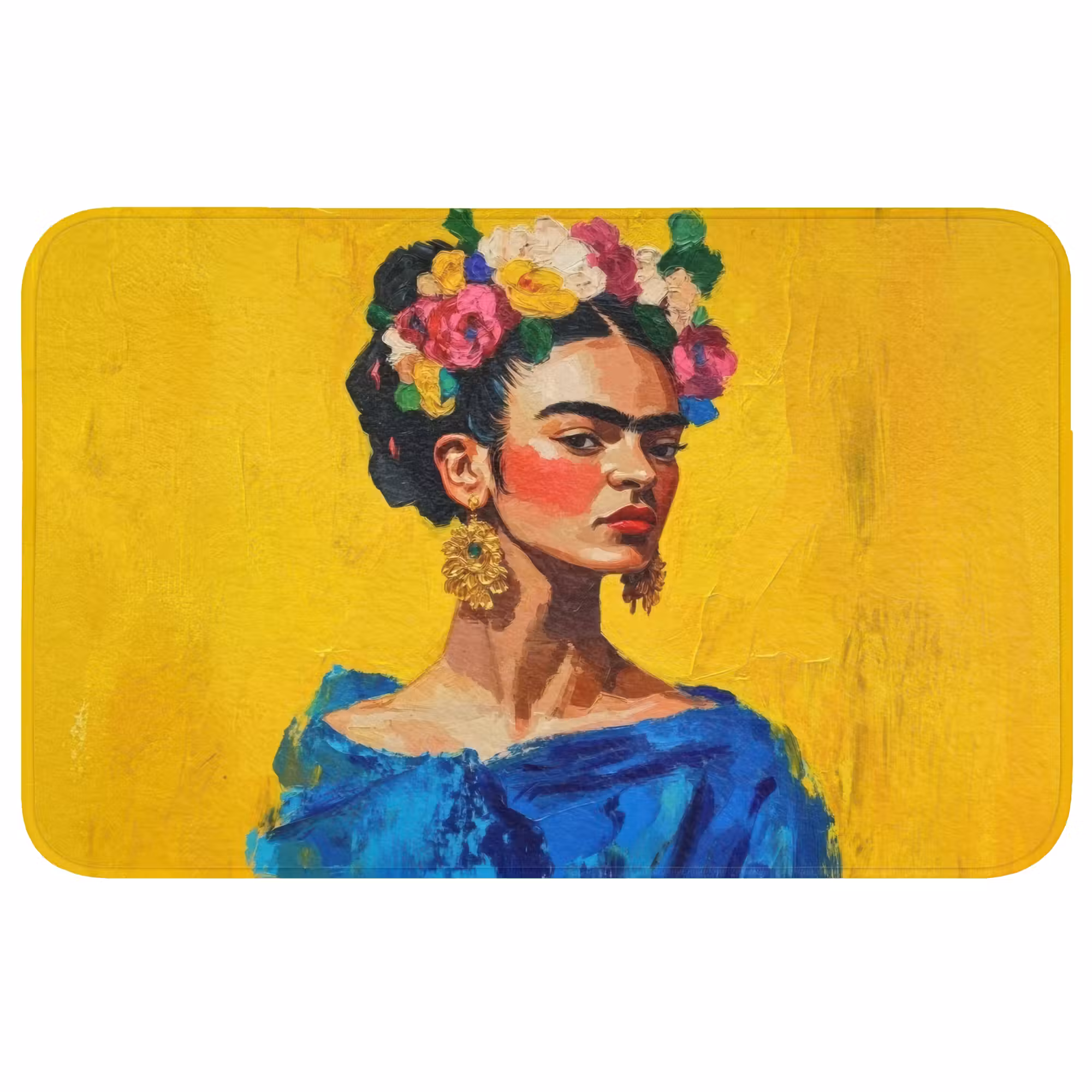 Badmat - Frida Kahlo - Vrouw - Geel - Blauw - Bloemen