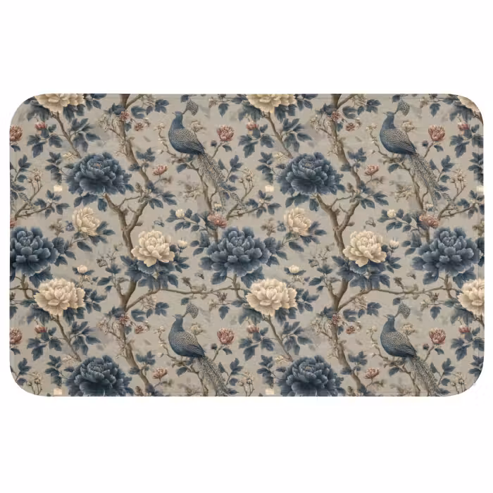 Badmat - Pauw - Bloemen - Blauw