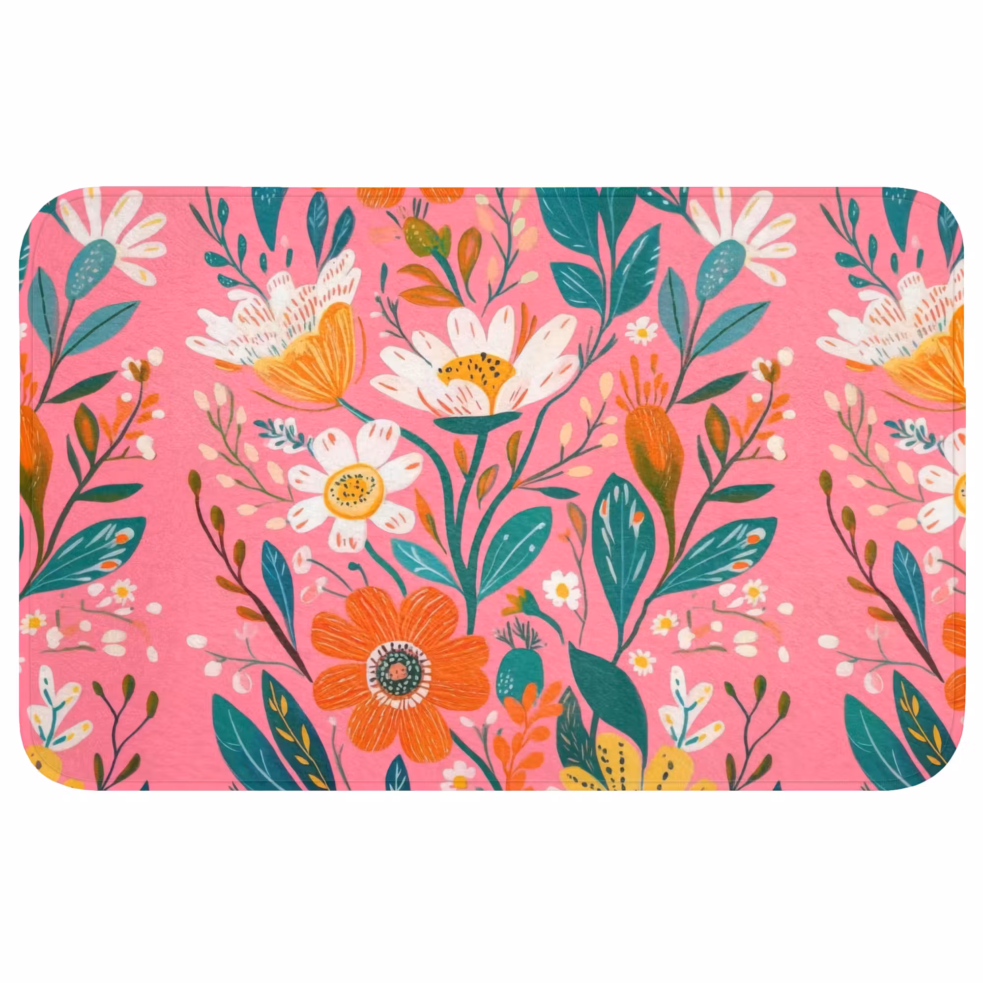 Badmat - Roze - Bloemen - Wit - Oranje