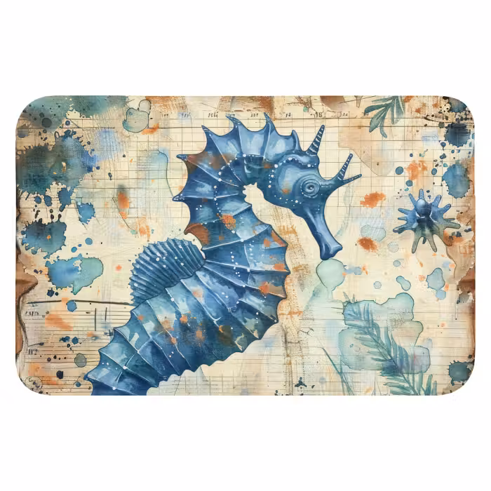 Badmat - Vintage - Zeedieren - Zeepaardje - Watercolor - Blauw