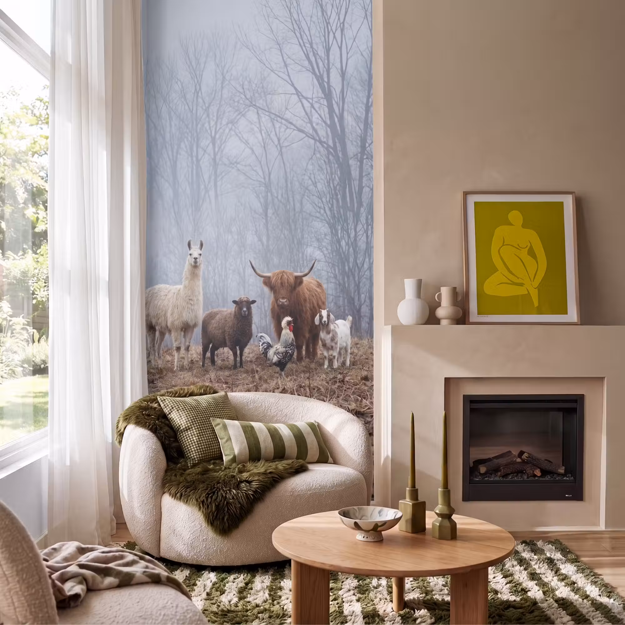Behang - Boerderijdieren - Groep - Mist - Natuur - Rustiek