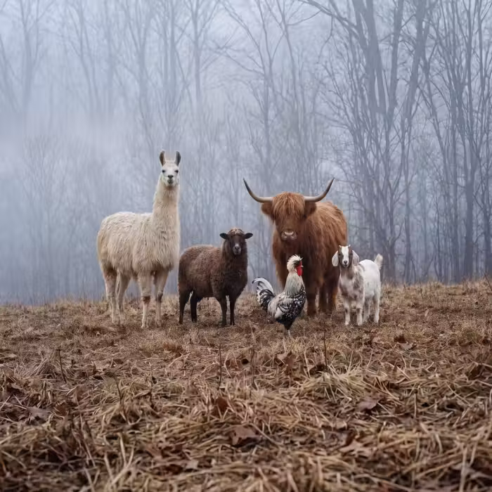 Behang - Boerderijdieren - Groep - Mist - Natuur - Rustiek
