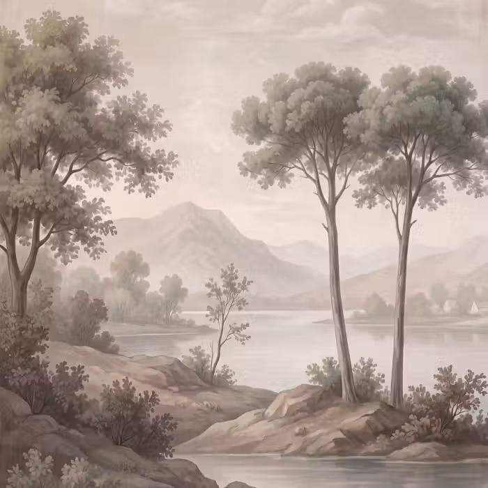 Behang - Bomen - Meer - Bergen - Illustratie