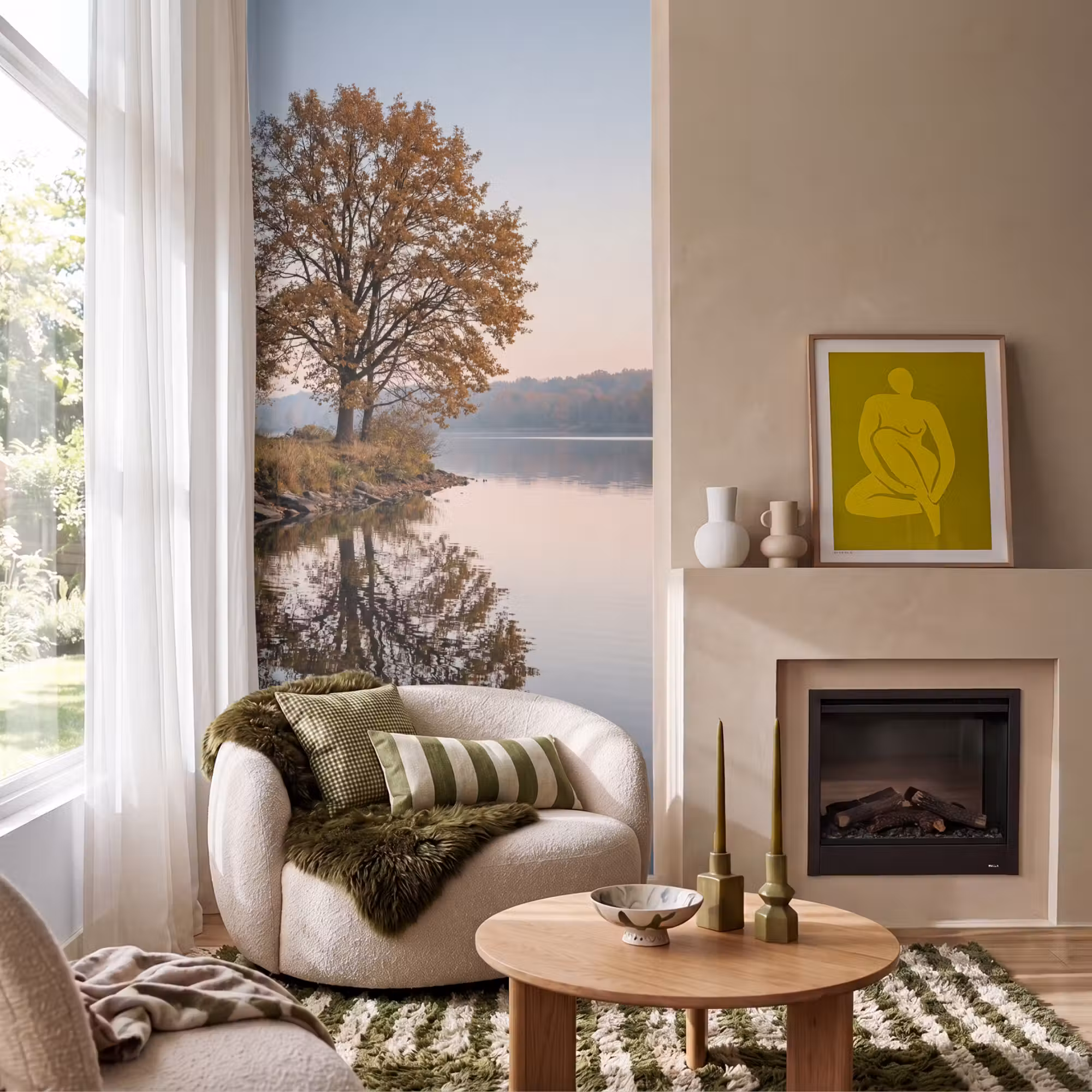 Behang - Bomen - Reflectie - Water - Zonsopgang - Serene