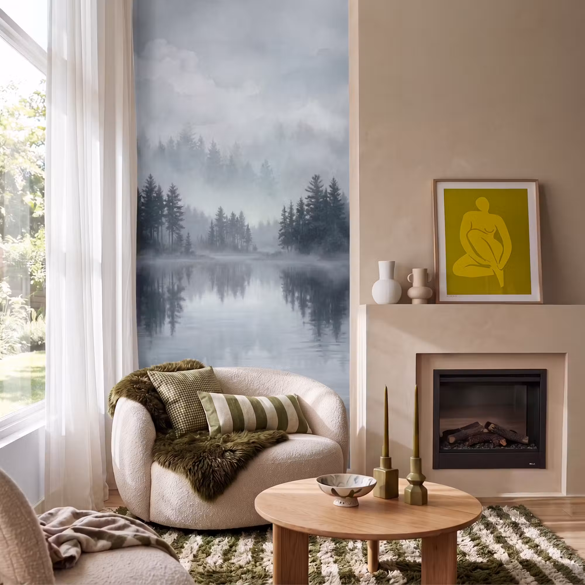 Behang - Bos - Meer - Mist - Natuur - Grijs