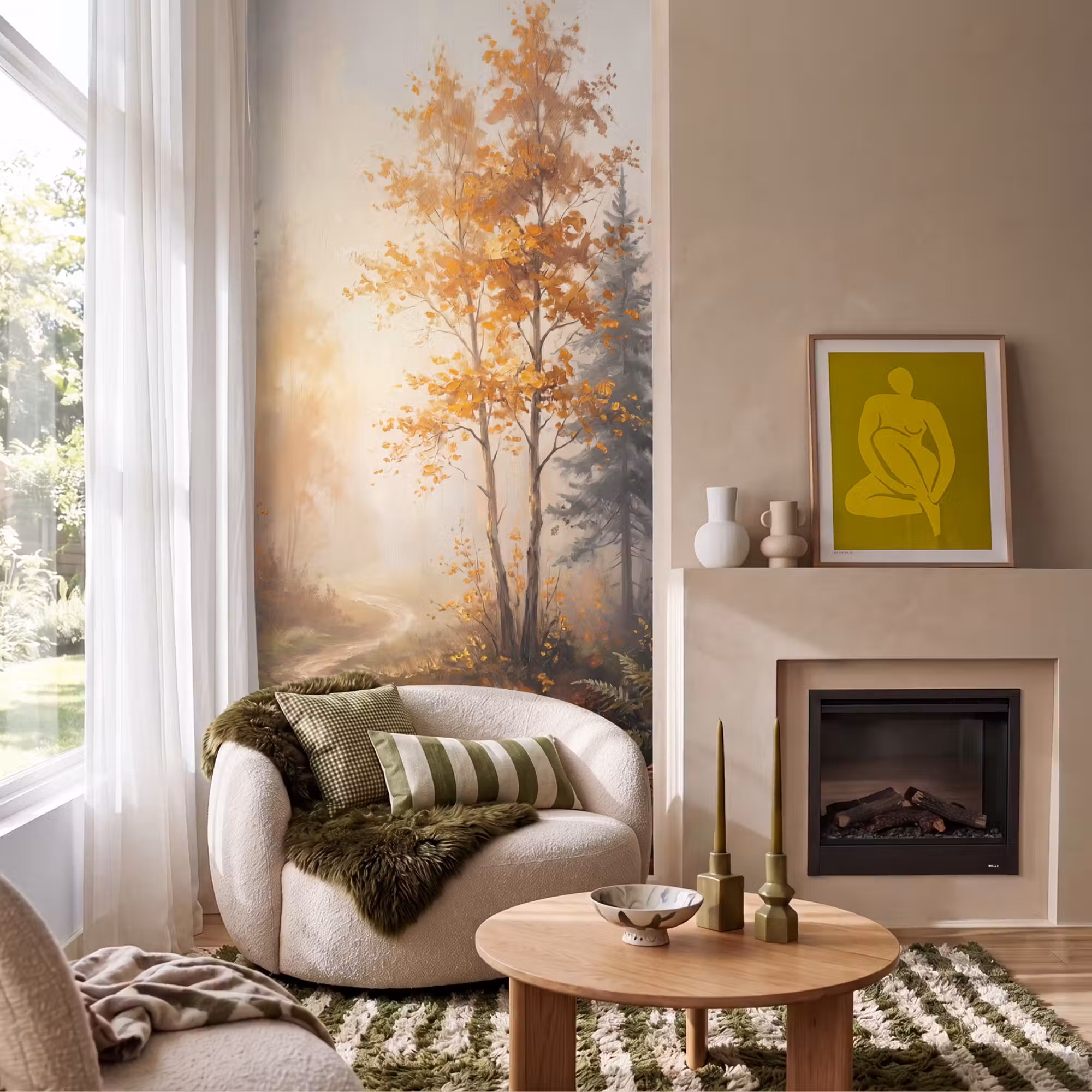 Behang - Bospad - Herfstbladeren - Natuur - Schilderachtig - Oranje