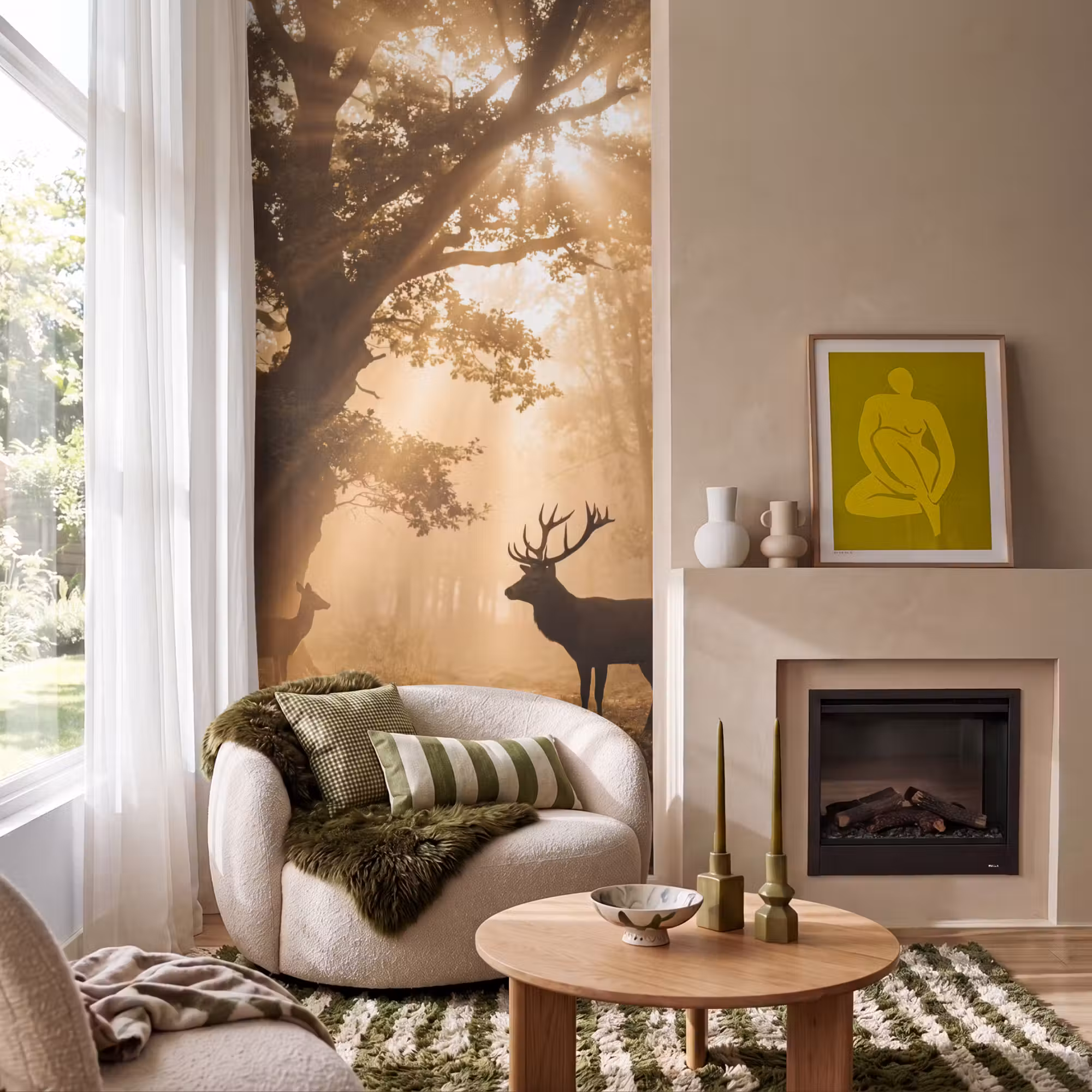 Behang - Hert - Bos - Mistig - Natuur - Goud