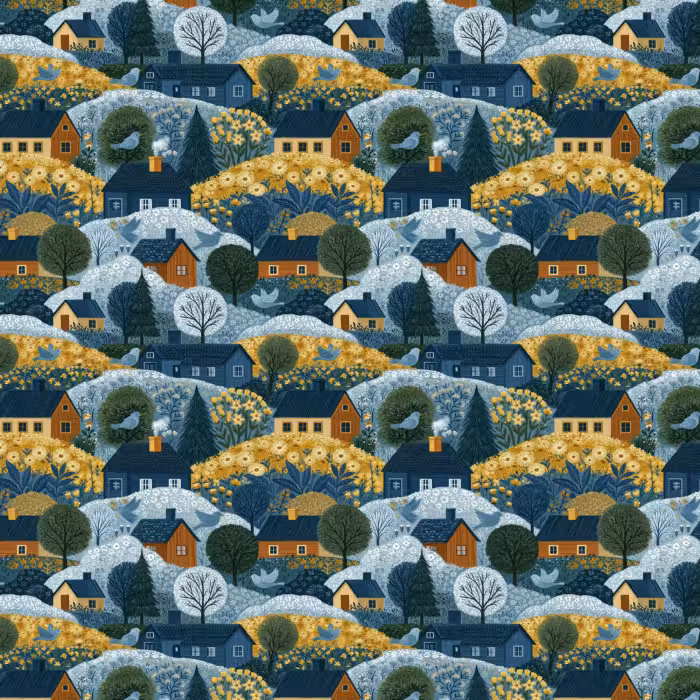 Behang - Huisjes - Bloemen - Patroon - Geel - Blauw