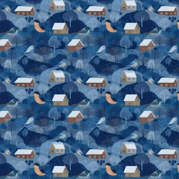 Behang - Huisjes - Vogels - Sneeuw - Winter - Blauw