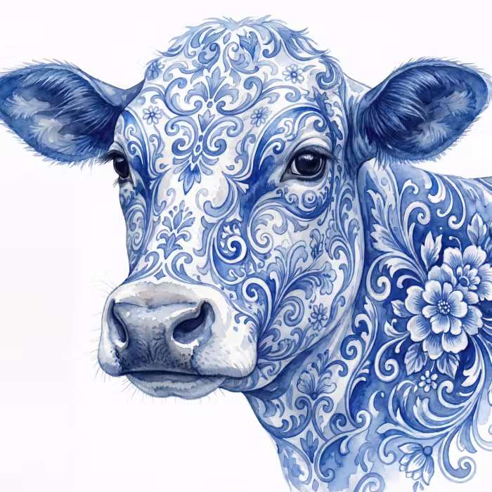 Behang - Illustratie - Koe - Blauw