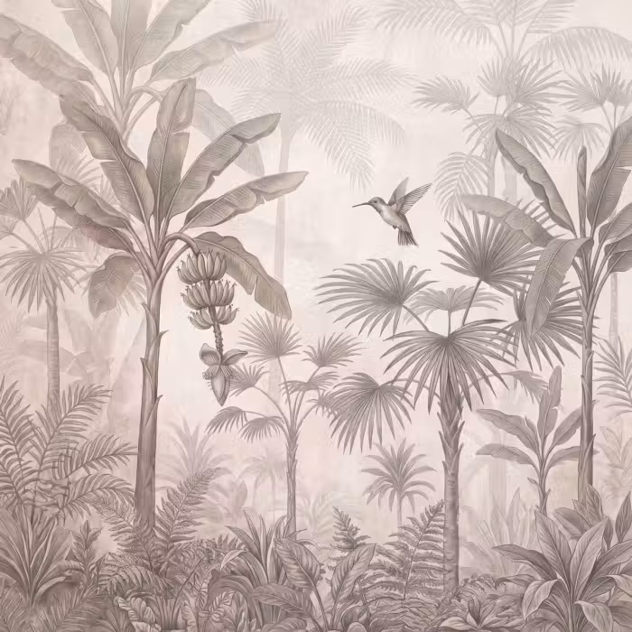 Behang - Jungle - Banenboom - Kolibrie - Beige
