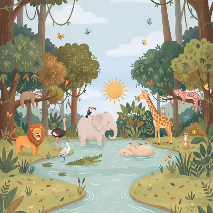 Behang - Jungle - Oase - Dieren - Kleurrijk