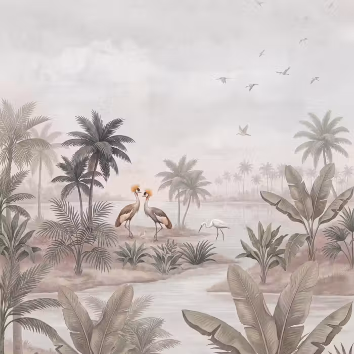 Behang - Kraanvogels - Palmbomen - Tropisch