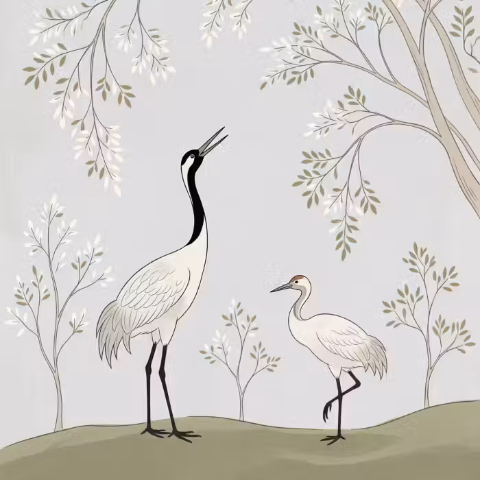 Behang - Minimalistisch - Kraanvogels - Blauw