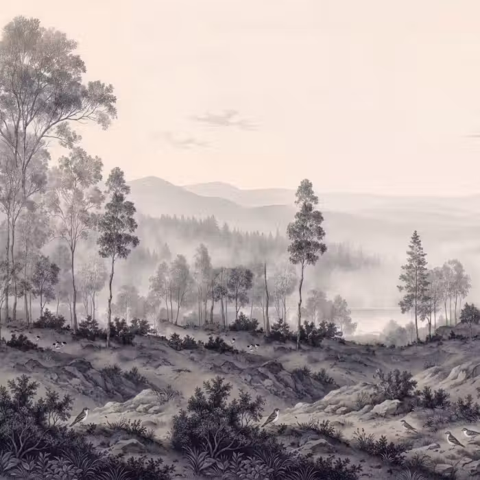Behang - Mistig - Berglandschap - Illustratie